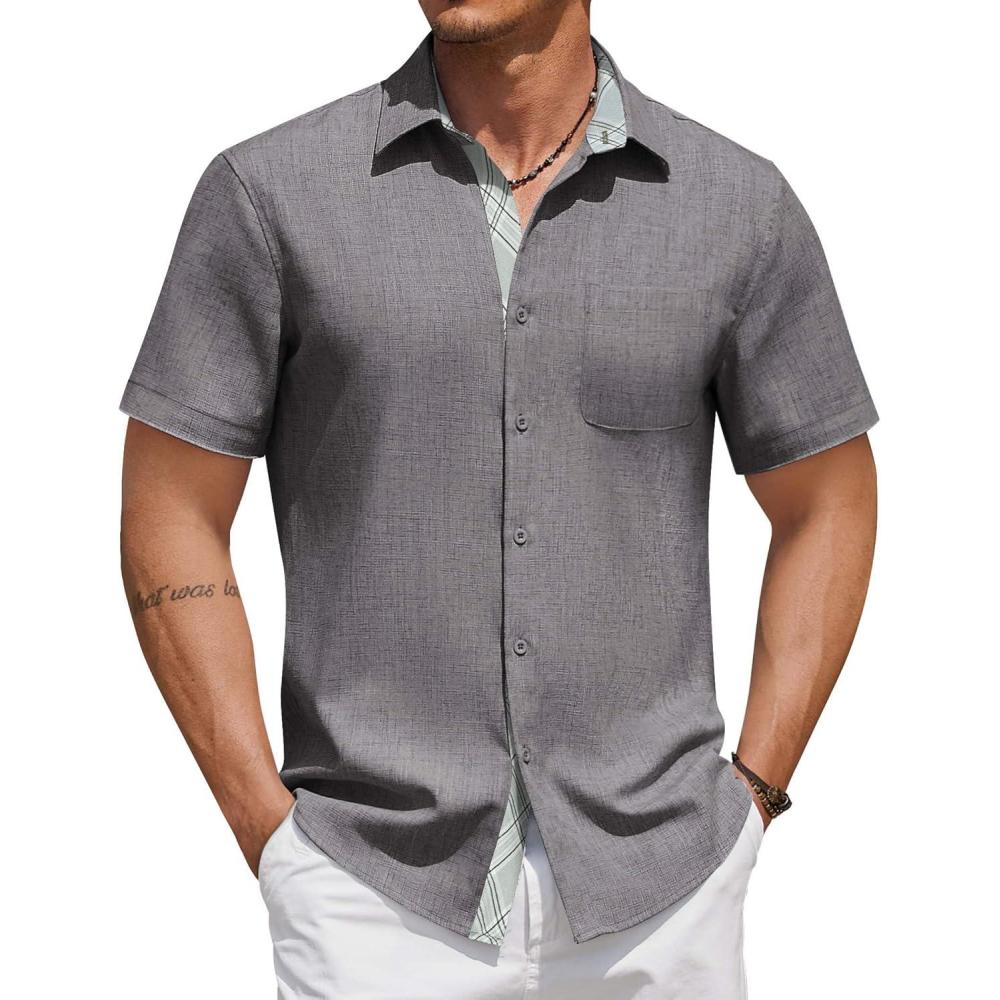 imageCOOFANDY Mens Short Sleeve Button Down Shirt Casual Summer Beach Untucked Vacation Textured Shirts with PocketDark Gray