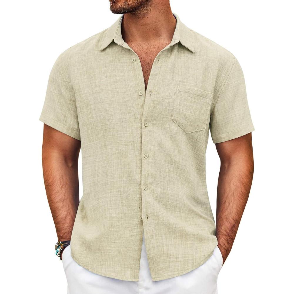 imageCOOFANDY Mens Short Sleeve Button Down Shirt Casual Summer Beach Untucked Vacation Textured Shirts with PocketDark Khaki