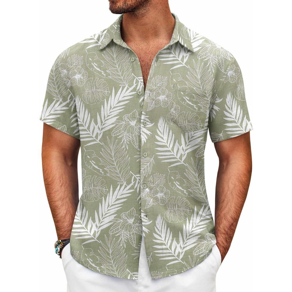 imageCOOFANDY Mens Short Sleeve Button Down Shirt Casual Summer Beach Untucked Vacation Textured Shirts with PocketGreenwhite Leaves