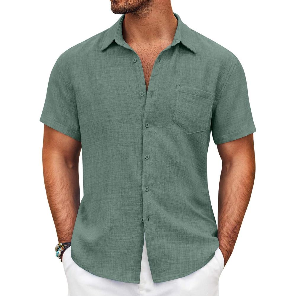 imageCOOFANDY Mens Short Sleeve Button Down Shirt Casual Summer Beach Untucked Vacation Textured Shirts with PocketGrey Green
