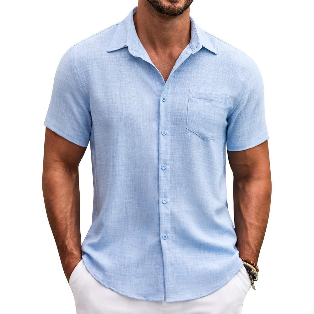 imageCOOFANDY Mens Short Sleeve Button Down Shirt Casual Summer Beach Untucked Vacation Textured Shirts with PocketLight Blue
