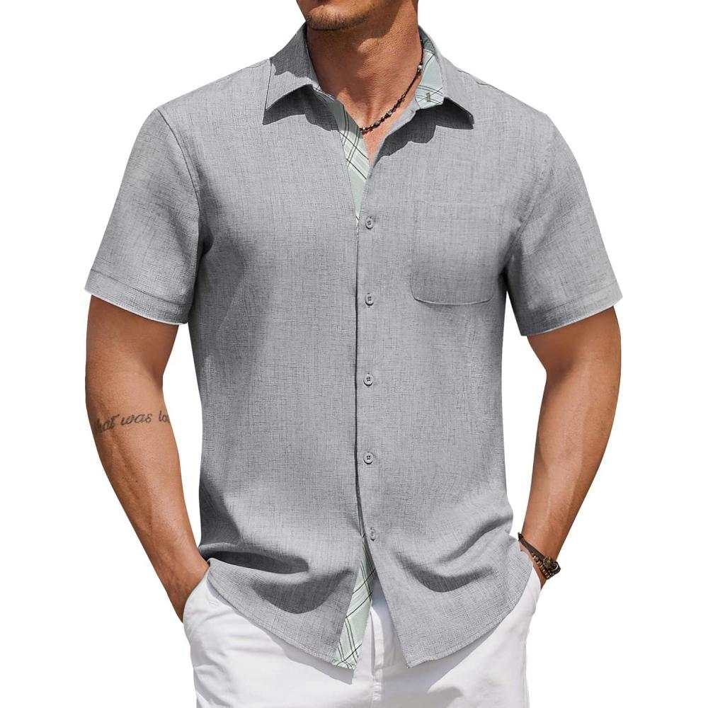 imageCOOFANDY Mens Short Sleeve Button Down Shirt Casual Summer Beach Untucked Vacation Textured Shirts with PocketLight Gray
