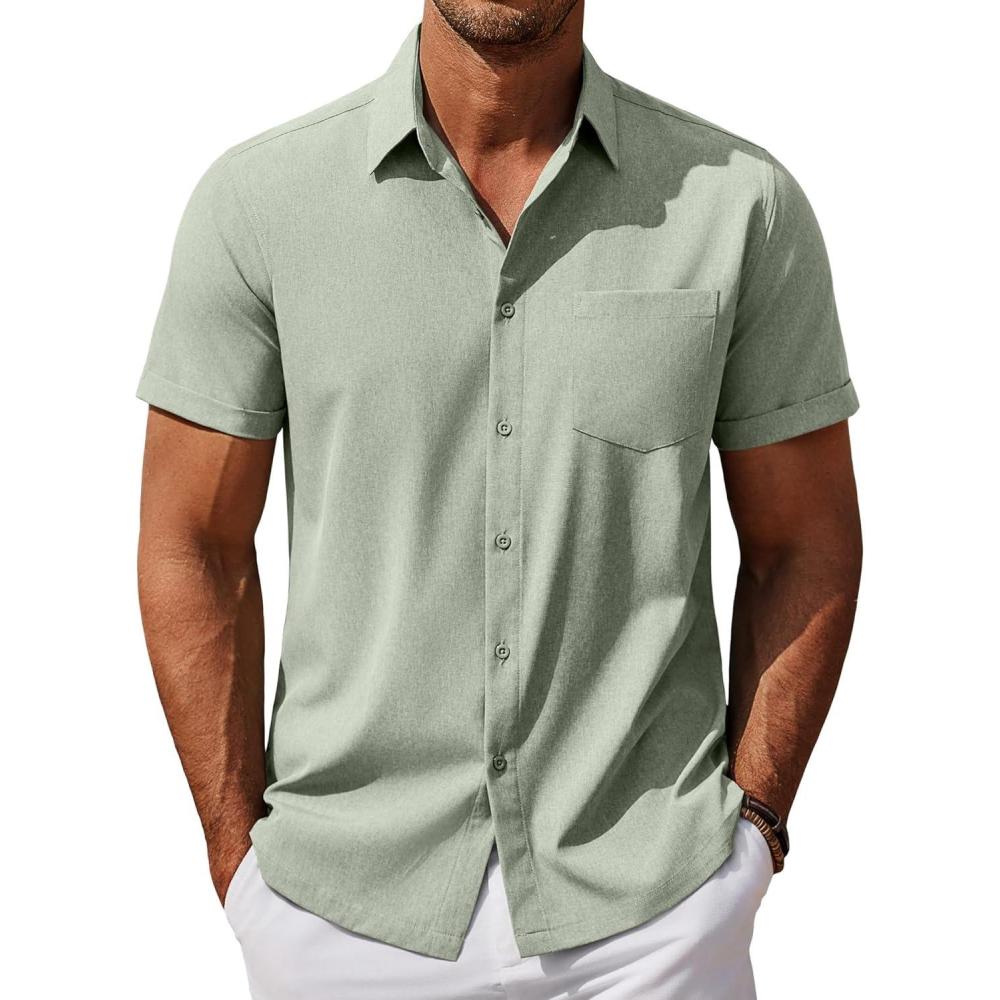 imageCOOFANDY Mens Short Sleeve Button Down Shirt Casual Summer Beach Untucked Vacation Textured Shirts with PocketLight Green