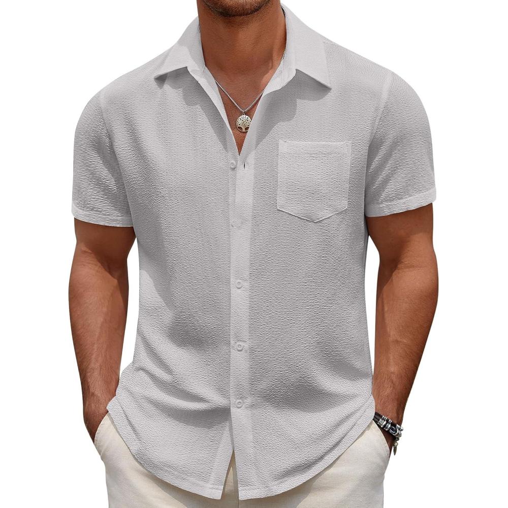 imageCOOFANDY Mens Short Sleeve Button Down Shirt Casual Summer Beach Untucked Vacation Textured Shirts with PocketLigjt Grey