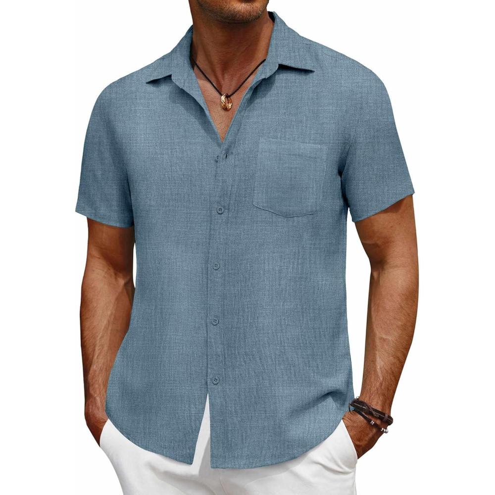 imageCOOFANDY Mens Short Sleeve Button Down Shirt Casual Summer Beach Untucked Vacation Textured Shirts with PocketMidnight