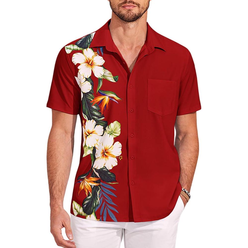 imageCOOFANDY Mens Short Sleeve Button Down Shirt Casual Summer Beach Untucked Vacation Textured Shirts with PocketRed  Floral