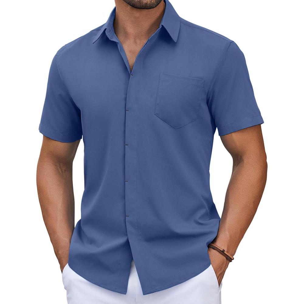 imageCOOFANDY Mens Short Sleeve Button Down Shirt Casual Untucked Summer Shirt with PocketDeep Blue