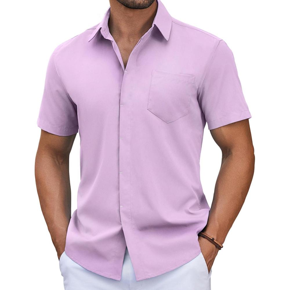 imageCOOFANDY Mens Short Sleeve Button Down Shirt Casual Untucked Summer Shirt with PocketLavender