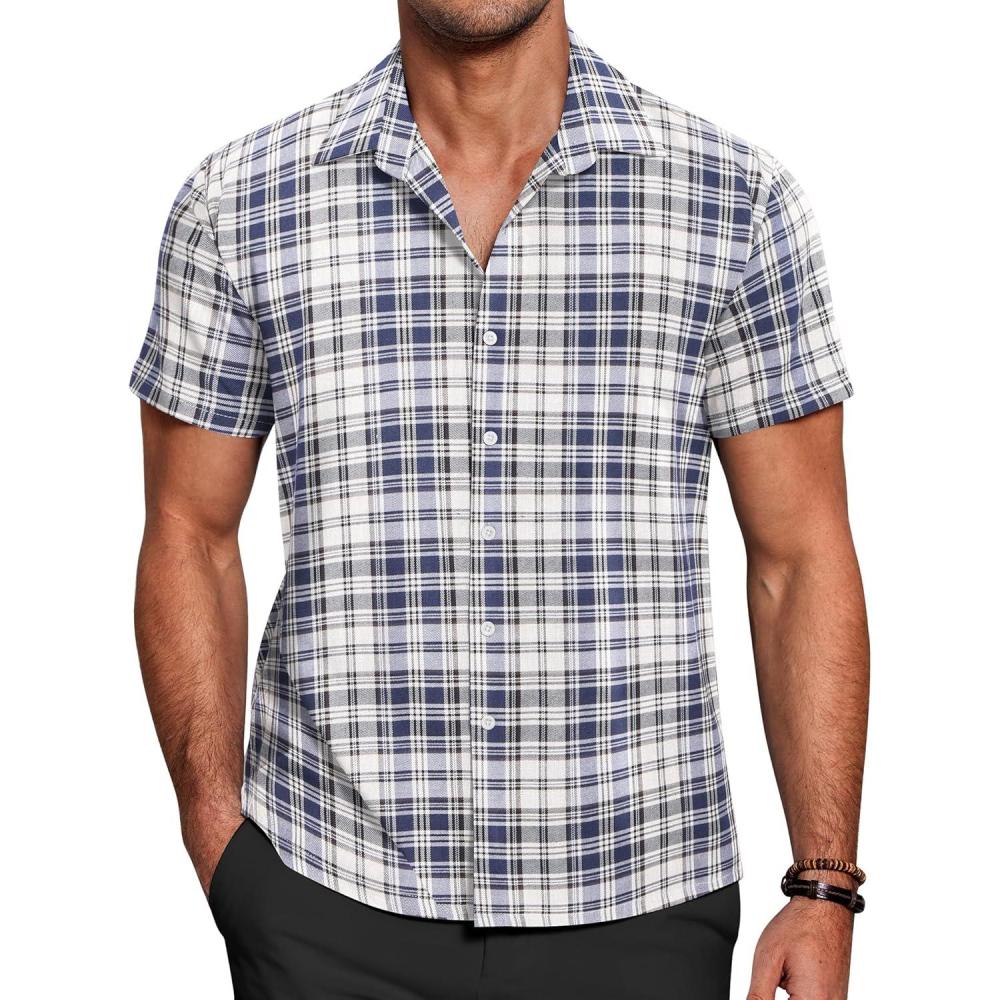imageCOOFANDY Mens Short Sleeve Button Down Shirt Plaid Button Up Shirts Casual 75 Cotton Work ShirtsBluewhite