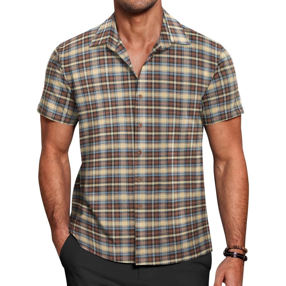 imageCOOFANDY Mens Short Sleeve Button Down Shirt Plaid Button Up Shirts Casual 75 Cotton Work ShirtsBrown