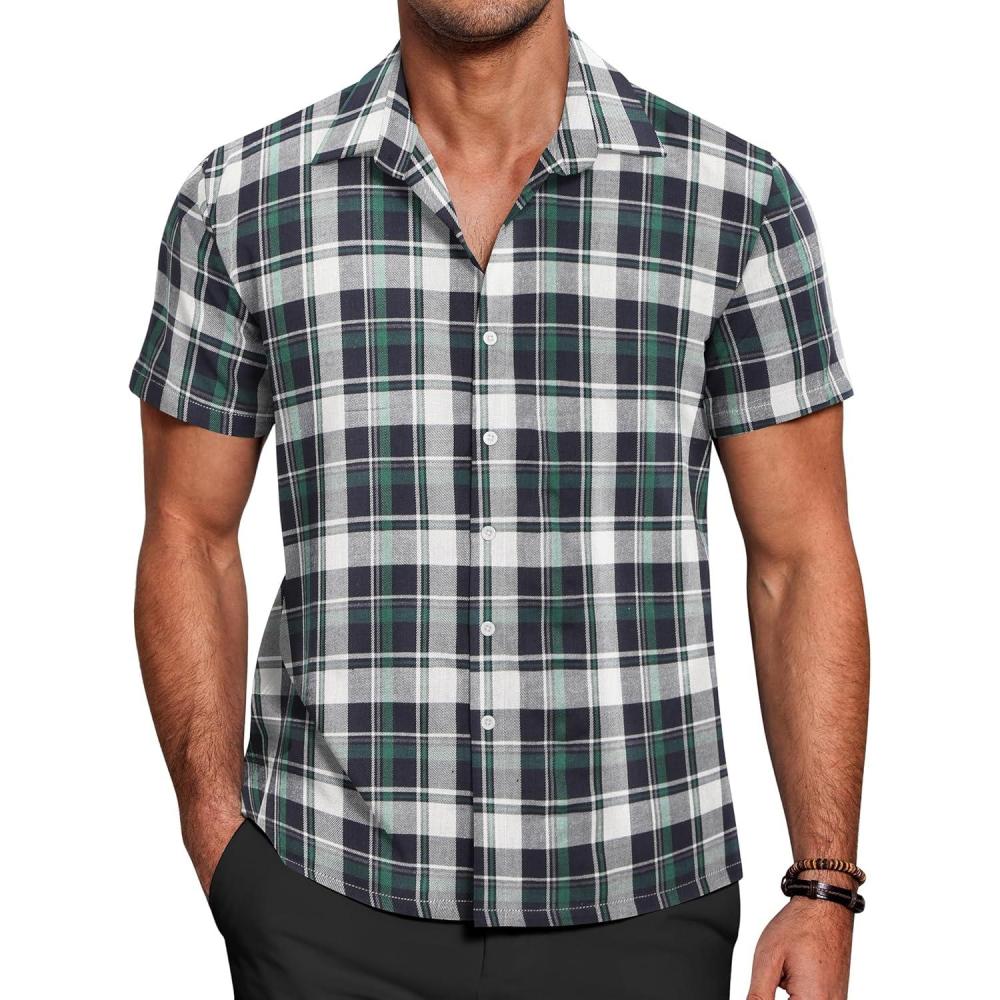 imageCOOFANDY Mens Short Sleeve Button Down Shirt Plaid Button Up Shirts Casual 75 Cotton Work ShirtsDark Greenwhite