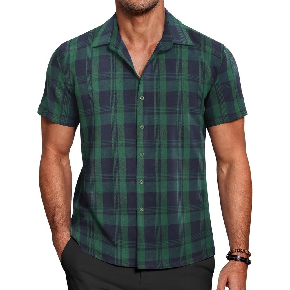 imageCOOFANDY Mens Short Sleeve Button Down Shirt Plaid Button Up Shirts Casual 75 Cotton Work ShirtsGreenblue