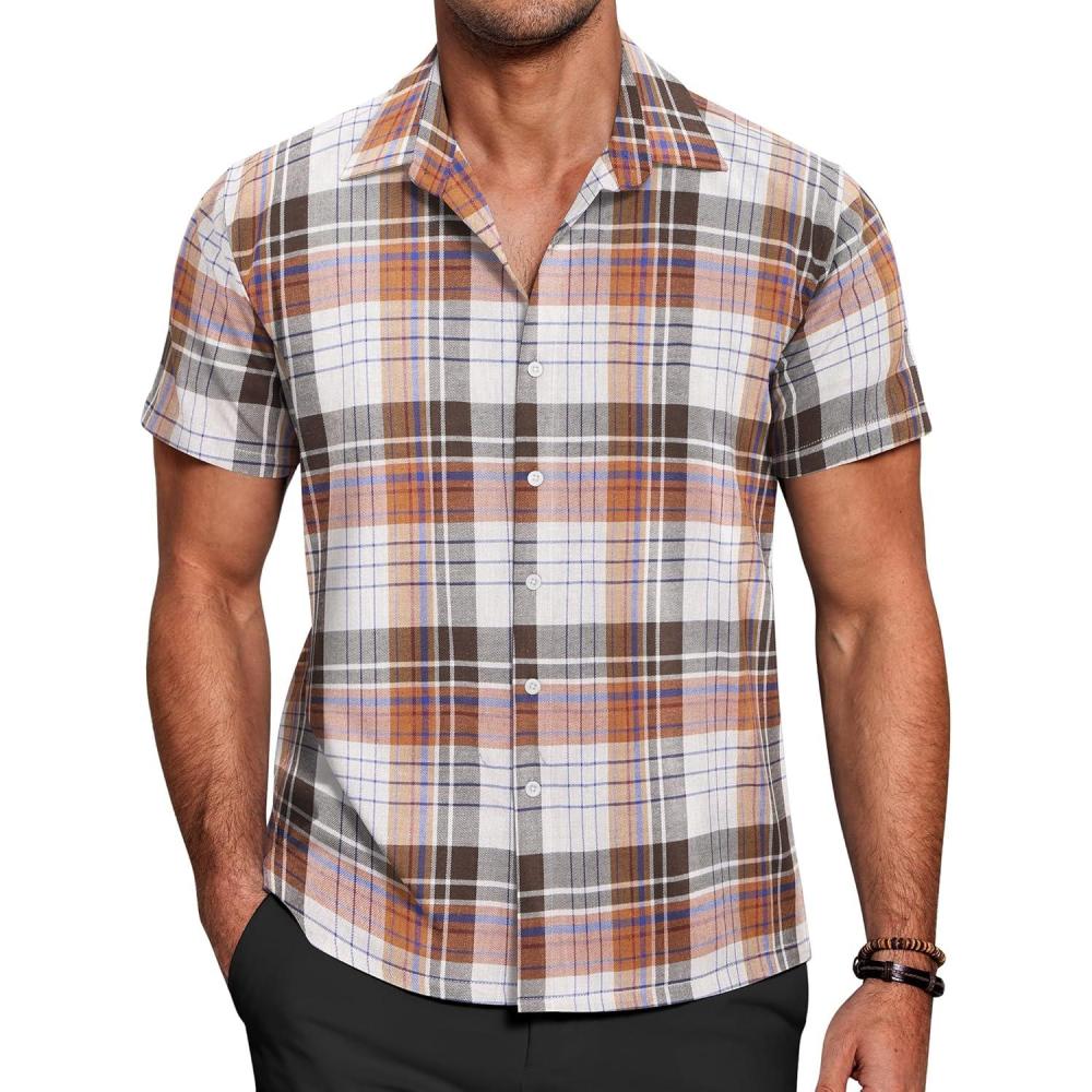 imageCOOFANDY Mens Short Sleeve Button Down Shirt Plaid Button Up Shirts Casual 75 Cotton Work ShirtsOrange