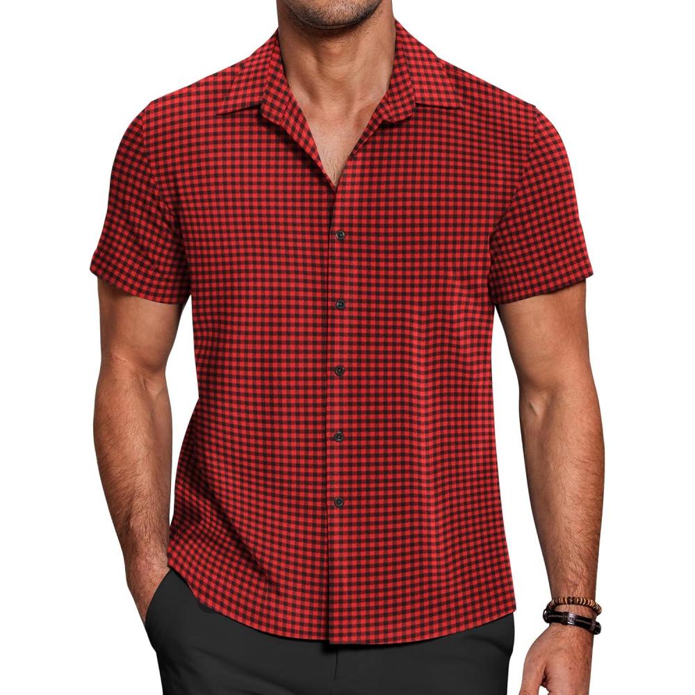 imageCOOFANDY Mens Short Sleeve Button Down Shirt Plaid Button Up Shirts Casual 75 Cotton Work ShirtsRedblack