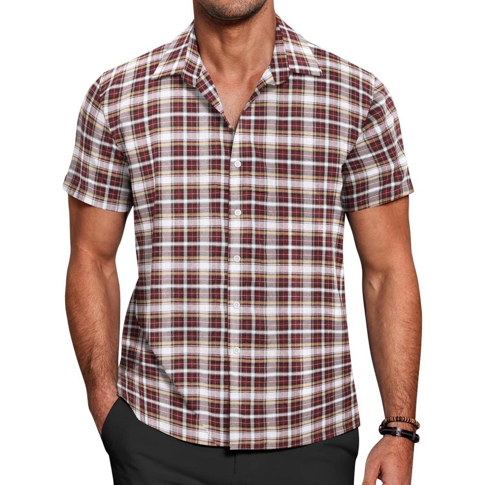 imageCOOFANDY Mens Short Sleeve Button Down Shirt Plaid Button Up Shirts Casual 75 Cotton Work ShirtsWine Redwhite