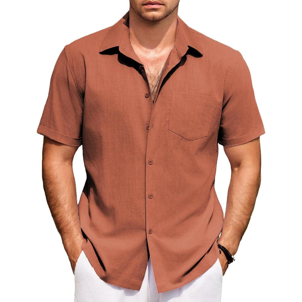 imageCOOFANDY Mens Short Sleeve Button Down Shirts 100 Cotton Beach Style Textured ShirtsCaramel