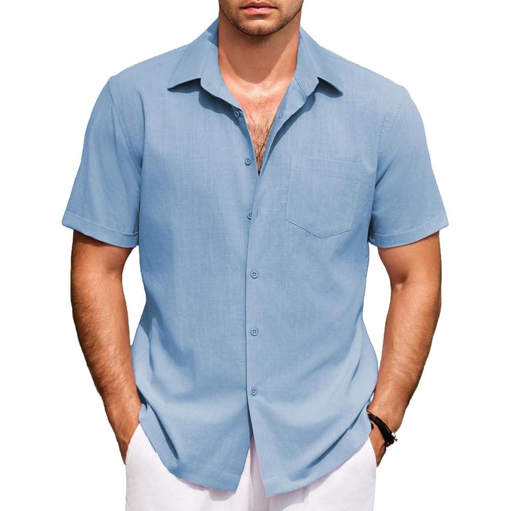 imageCOOFANDY Mens Short Sleeve Button Down Shirts 100 Cotton Beach Style Textured ShirtsLight Blue