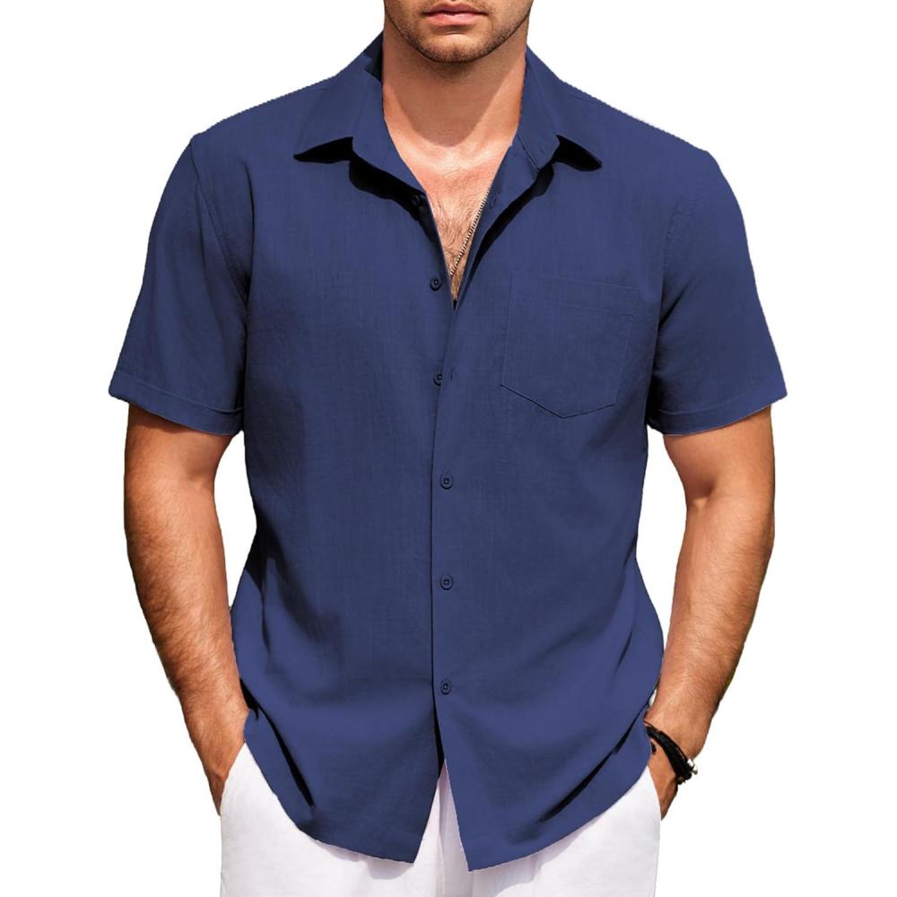 imageCOOFANDY Mens Short Sleeve Button Down Shirts 100 Cotton Beach Style Textured ShirtsNavy