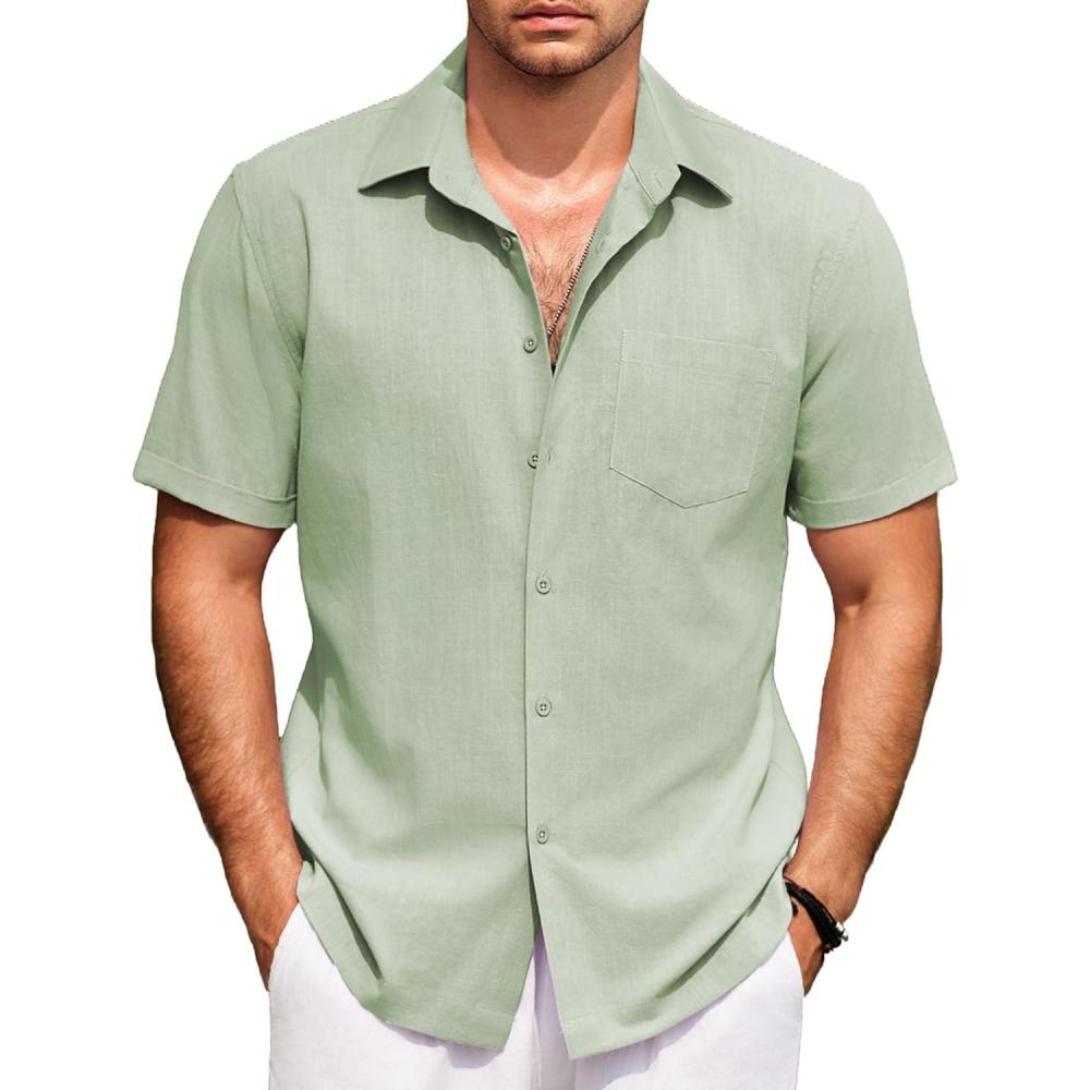 imageCOOFANDY Mens Short Sleeve Button Down Shirts 100 Cotton Beach Style Textured ShirtsSage Green