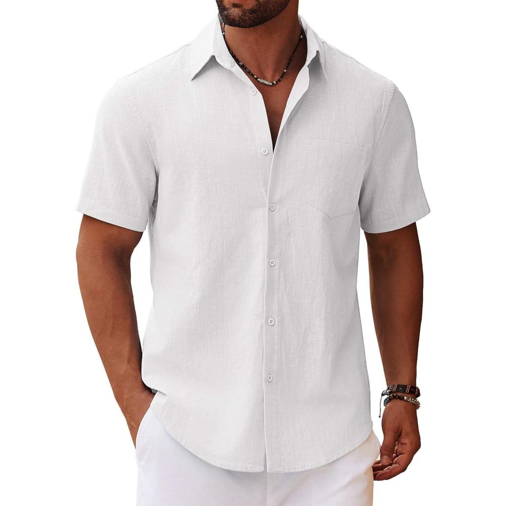 imageCOOFANDY Mens Short Sleeve Button Down Shirts Beach Linen Short Sleeve Shirts Untucked Shirt White