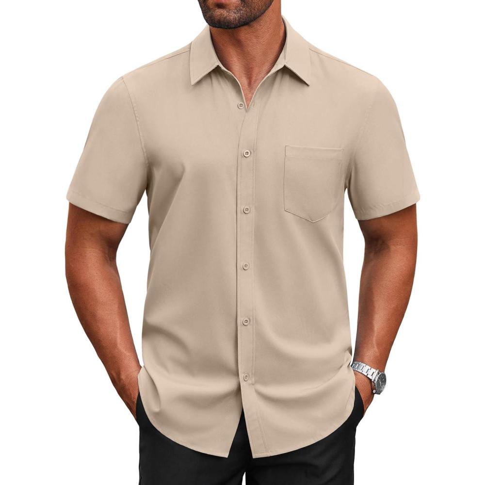 imageCOOFANDY Mens Short Sleeve Button Down Shirts Casual Dress Shirts for Men Untucked Shirt with PocketBeige