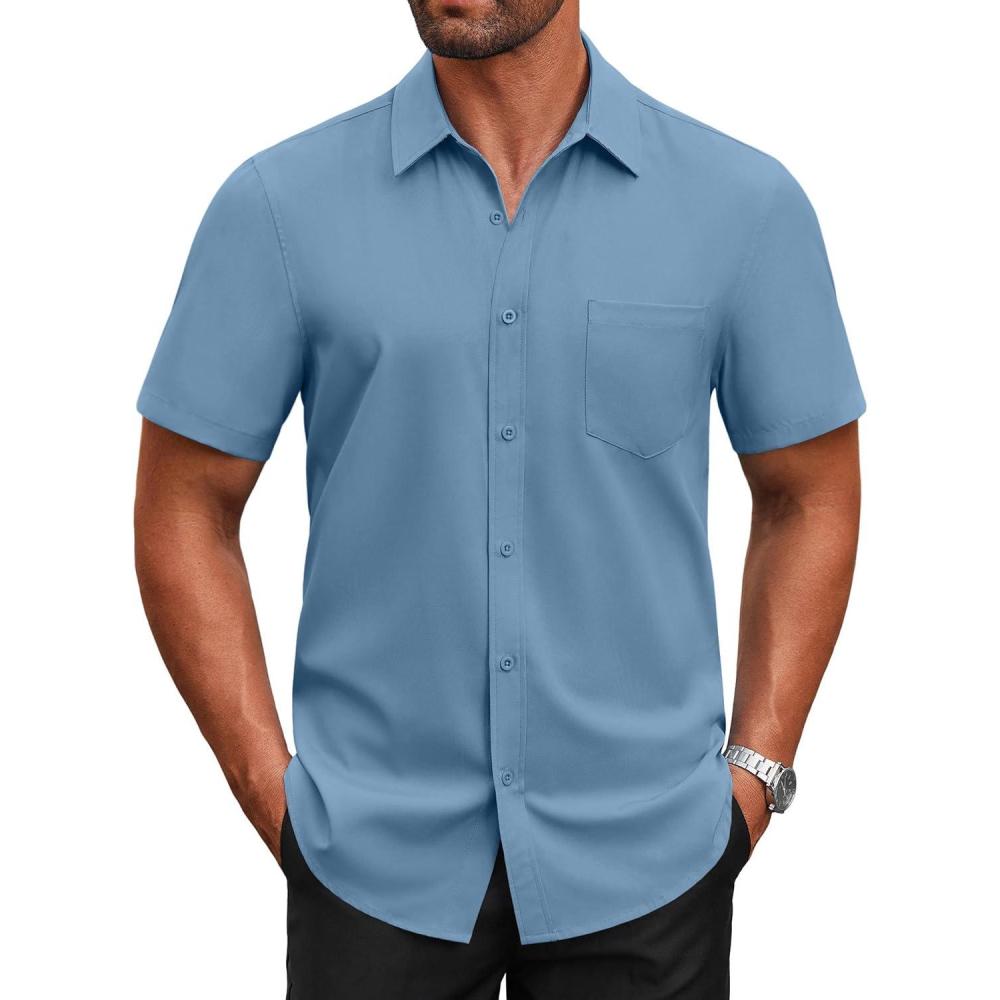 imageCOOFANDY Mens Short Sleeve Button Down Shirts Casual Dress Shirts for Men Untucked Shirt with PocketGrey Blue