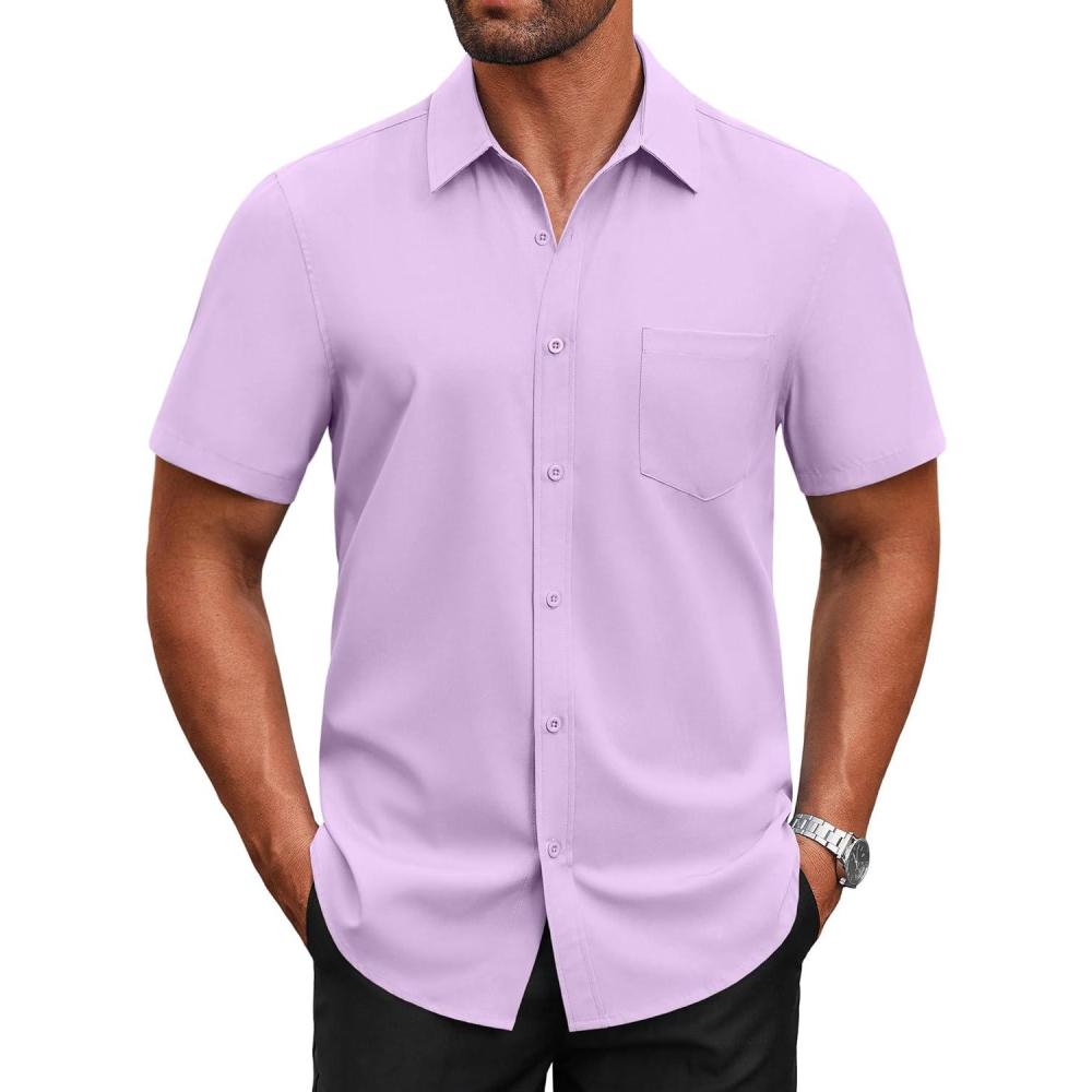 imageCOOFANDY Mens Short Sleeve Button Down Shirts Casual Dress Shirts for Men Untucked Shirt with PocketLavender
