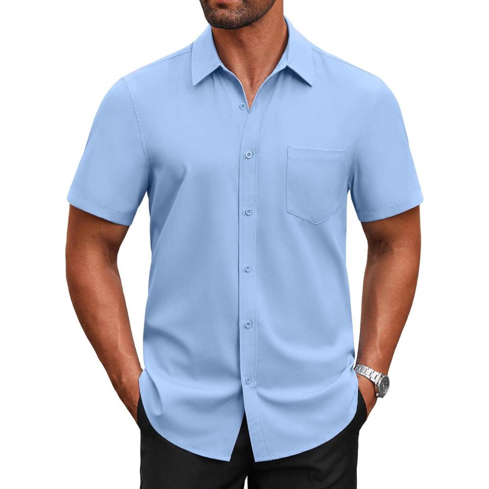 imageCOOFANDY Mens Short Sleeve Button Down Shirts Casual Dress Shirts for Men Untucked Shirt with PocketLight Blue