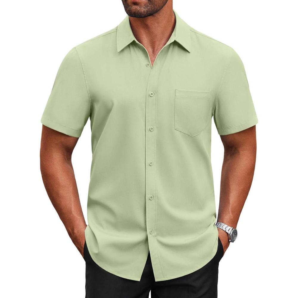 imageCOOFANDY Mens Short Sleeve Button Down Shirts Casual Dress Shirts for Men Untucked Shirt with PocketLight Green