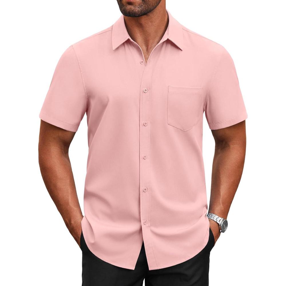 imageCOOFANDY Mens Short Sleeve Button Down Shirts Casual Dress Shirts for Men Untucked Shirt with PocketLight Pink