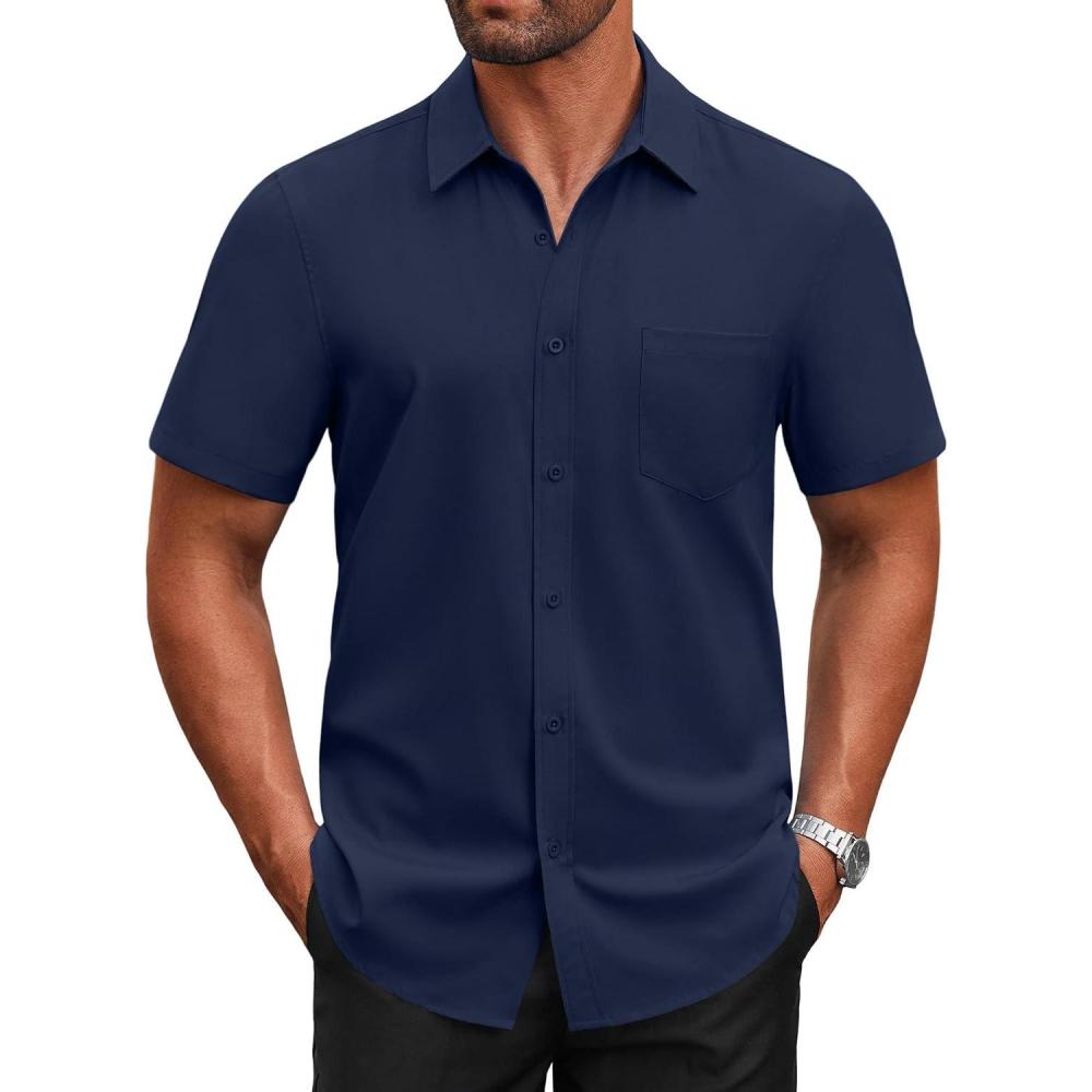 imageCOOFANDY Mens Short Sleeve Button Down Shirts Casual Dress Shirts for Men Untucked Shirt with PocketNavy Blue