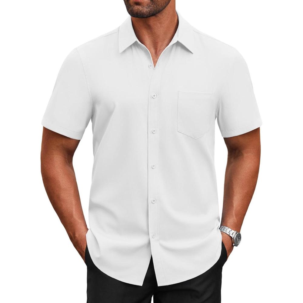 imageCOOFANDY Mens Short Sleeve Button Down Shirts Casual Dress Shirts for Men Untucked Shirt with PocketWhite