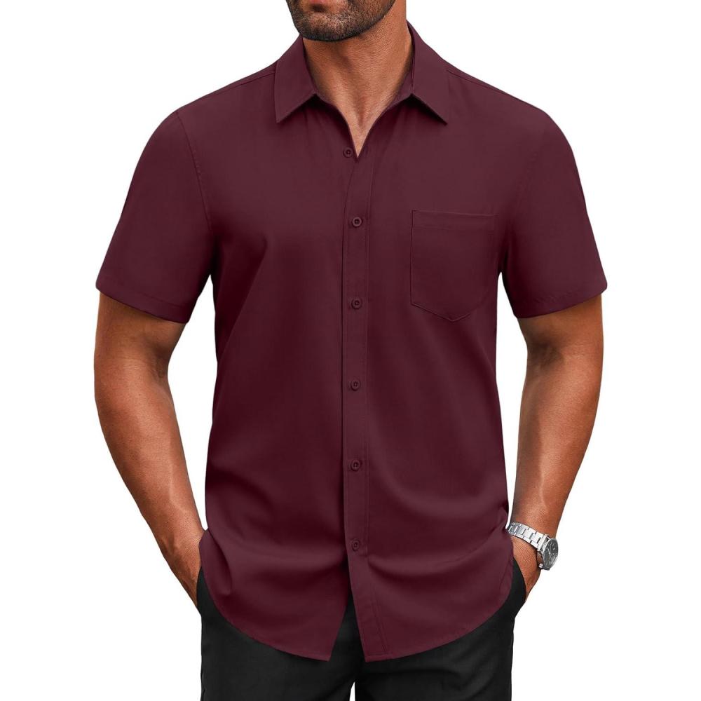 imageCOOFANDY Mens Short Sleeve Button Down Shirts Casual Dress Shirts for Men Untucked Shirt with PocketWine Red