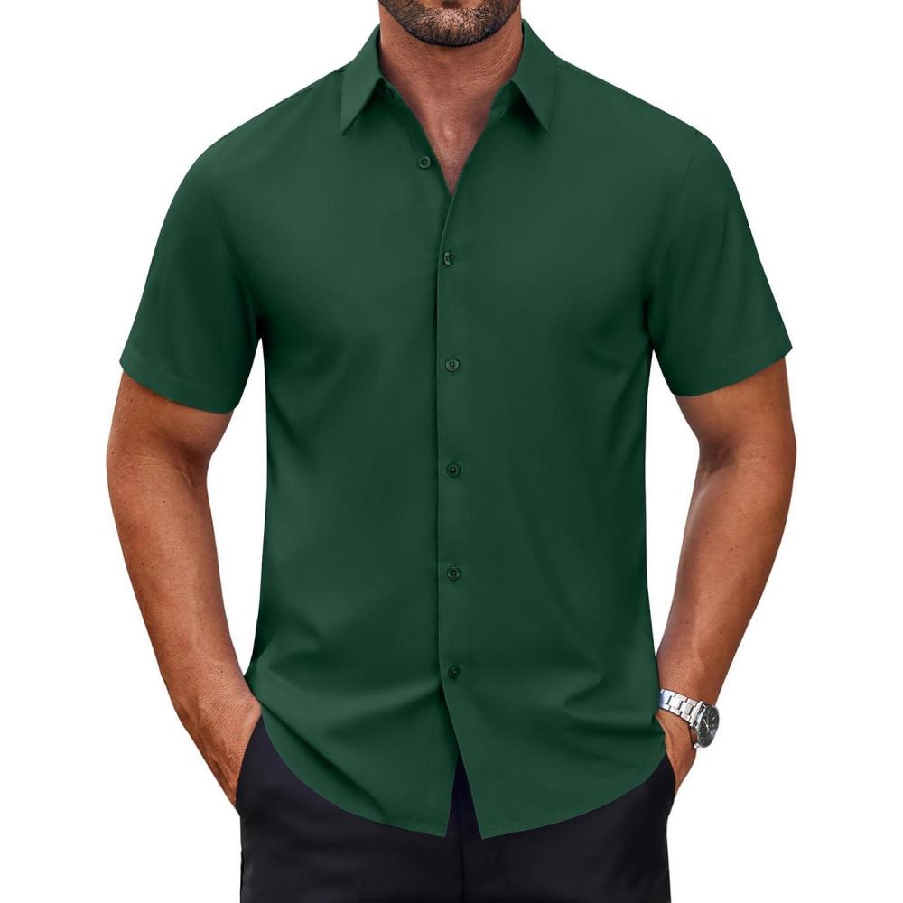 imageCOOFANDY Mens Short Sleeve Button Down Shirts Casual Summer Dress Untucked ShirtsArmy Green