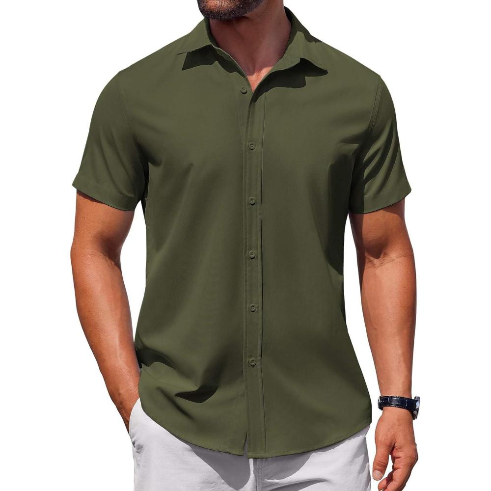 imageCOOFANDY Mens Short Sleeve Button Down Shirts Casual Summer Dress Untucked ShirtsArmygreen