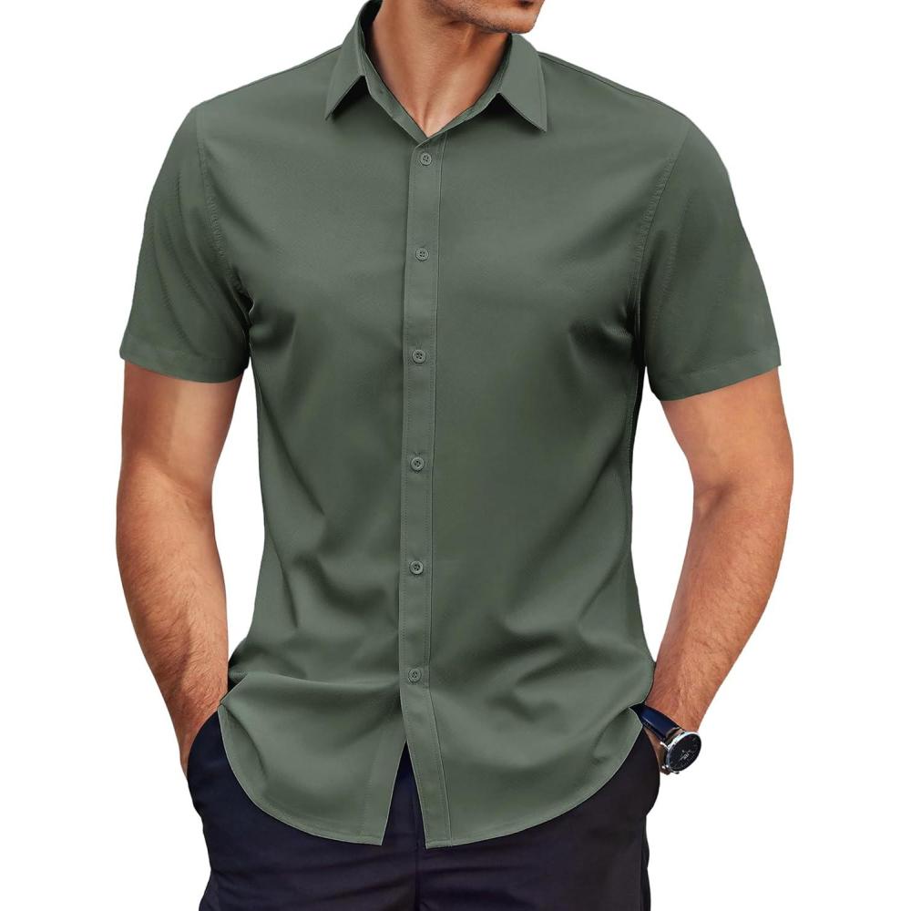 imageCOOFANDY Mens Short Sleeve Button Down Shirts Casual Summer Dress Untucked ShirtsDark Green