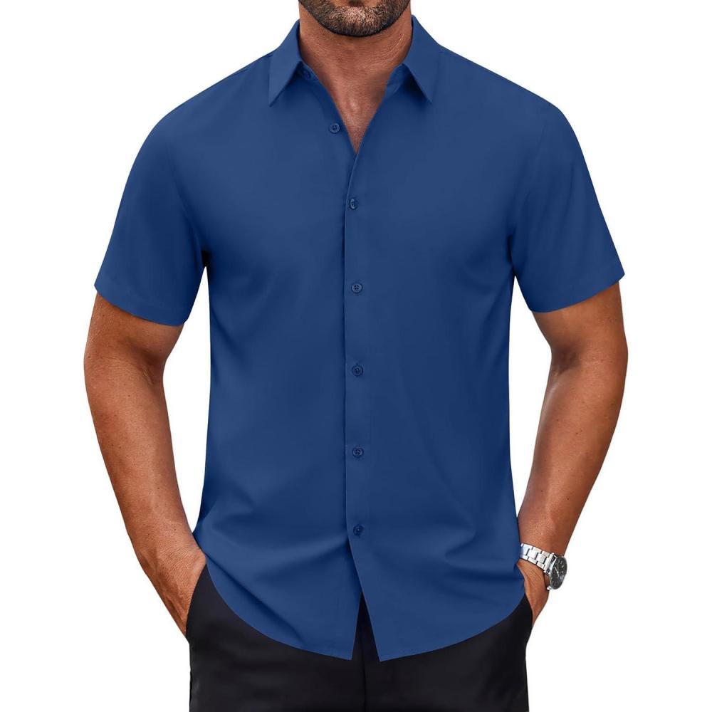 imageCOOFANDY Mens Short Sleeve Button Down Shirts Casual Summer Dress Untucked ShirtsDenim Blue