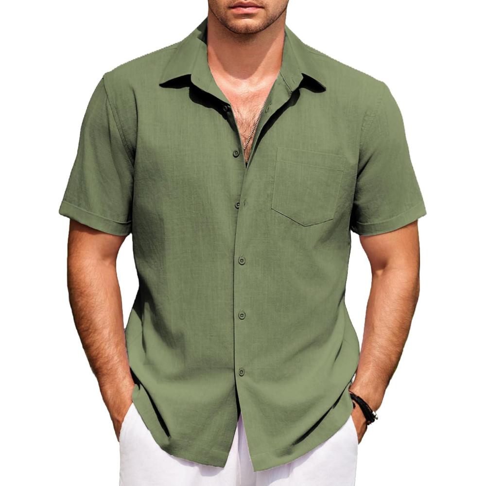 imageCOOFANDY Mens Short Sleeve Button Down Shirts Casual Summer Dress Untucked ShirtsOlive Green