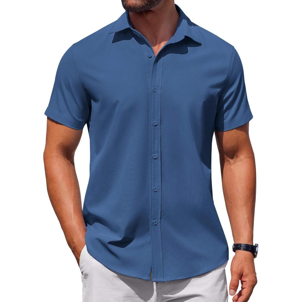 imageCOOFANDY Mens Short Sleeve Button Down Shirts Casual Summer Dress Untucked ShirtsPacifico