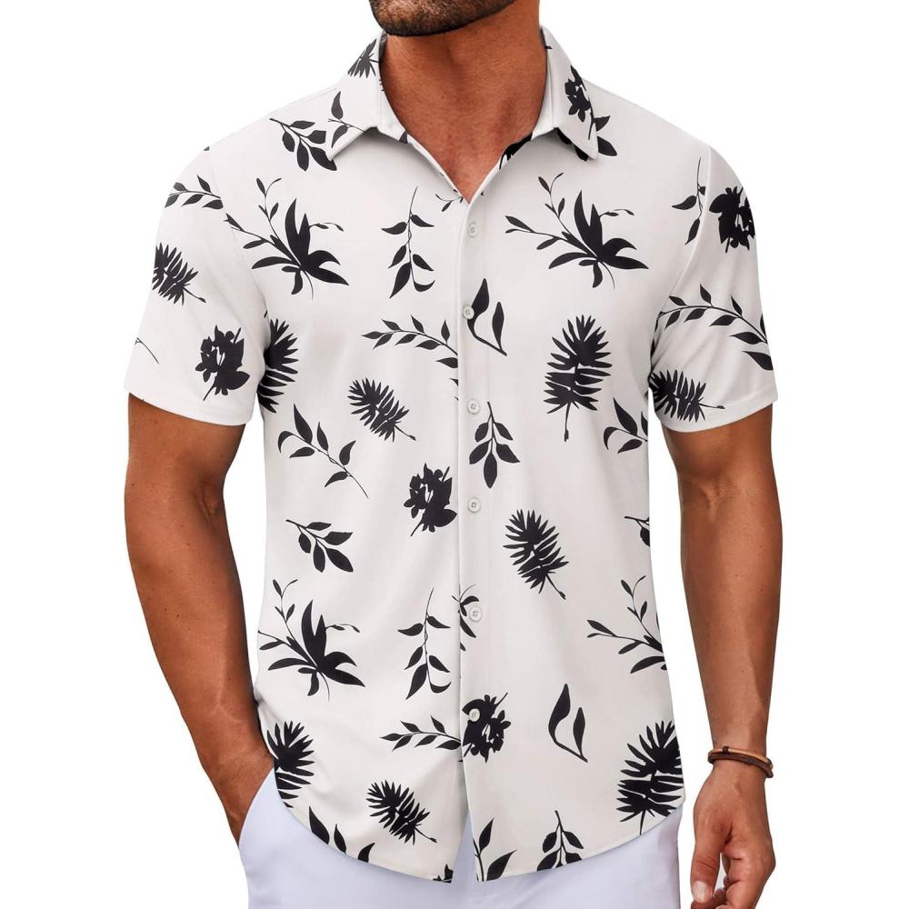 imageCOOFANDY Mens Short Sleeve Button Down Shirts Casual Summer Dress Untucked ShirtsWhite  Leaf