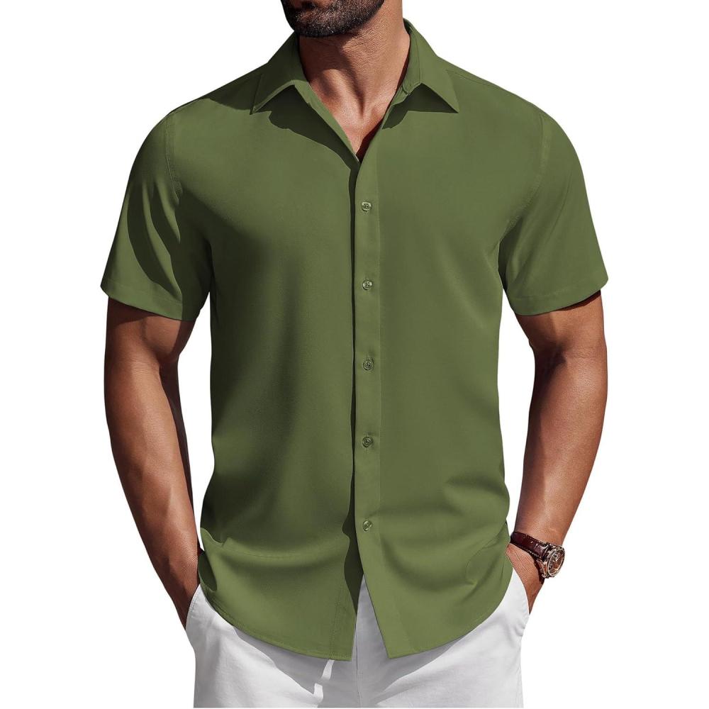 imageCOOFANDY Mens Short Sleeve Button Down Shirts Casual Summer Shirt Untucked Dress ShirtsArmy Green