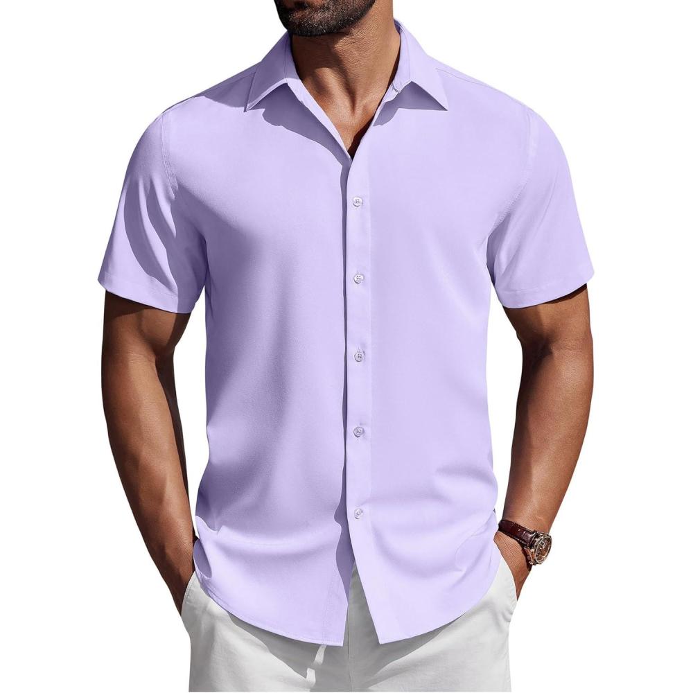 imageCOOFANDY Mens Short Sleeve Button Down Shirts Casual Summer Shirt Untucked Dress ShirtsLavender