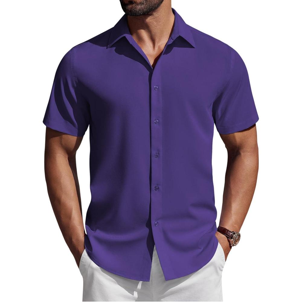 imageCOOFANDY Mens Short Sleeve Button Down Shirts Casual Summer Shirt Untucked Dress ShirtsPurple