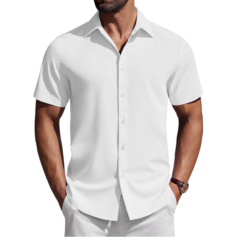 imageCOOFANDY Mens Short Sleeve Button Down Shirts Casual Summer Shirt Untucked Dress ShirtsWhite