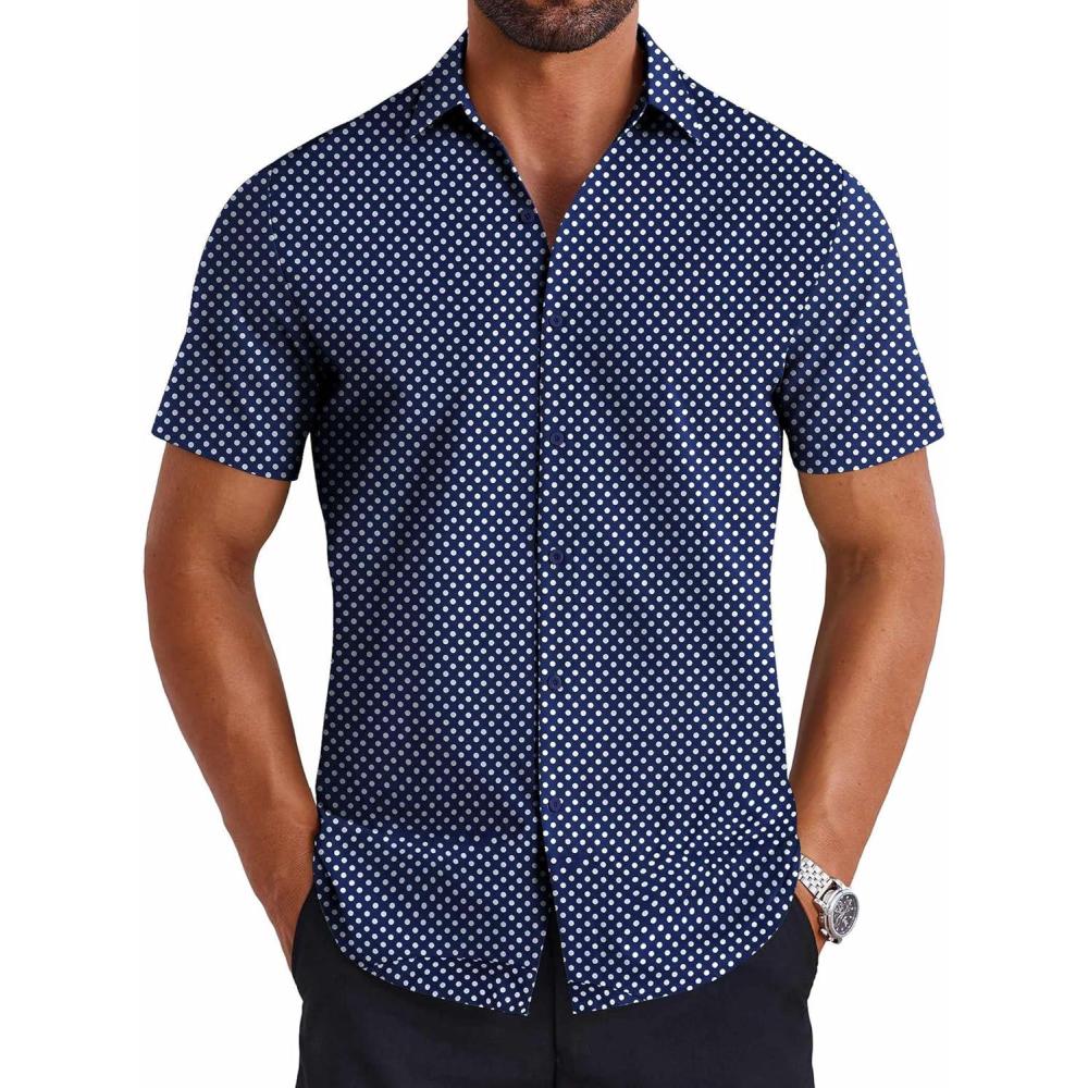 imageCOOFANDY Mens Short Sleeve Button Down Shirts Casual Summer Shirt Untucked Dress ShirtsWhite Dotnavy Blue