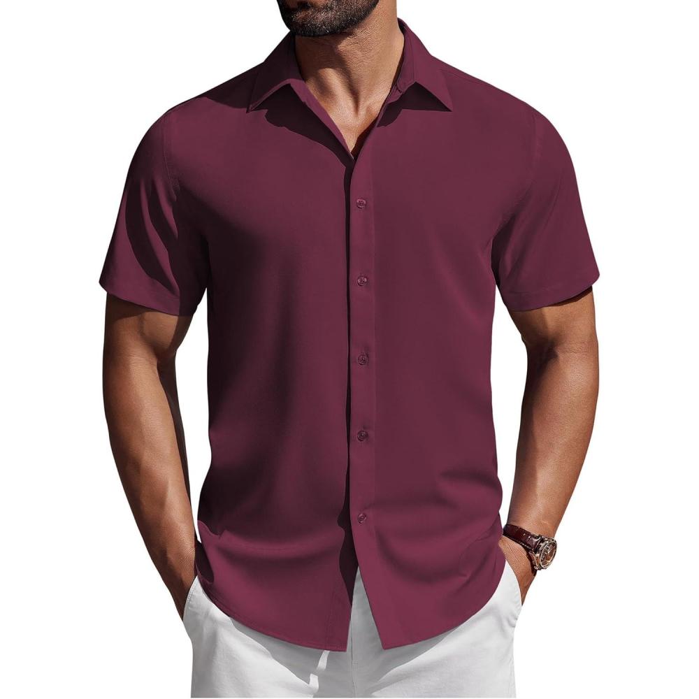 imageCOOFANDY Mens Short Sleeve Button Down Shirts Casual Summer Shirt Untucked Dress ShirtsWine Red