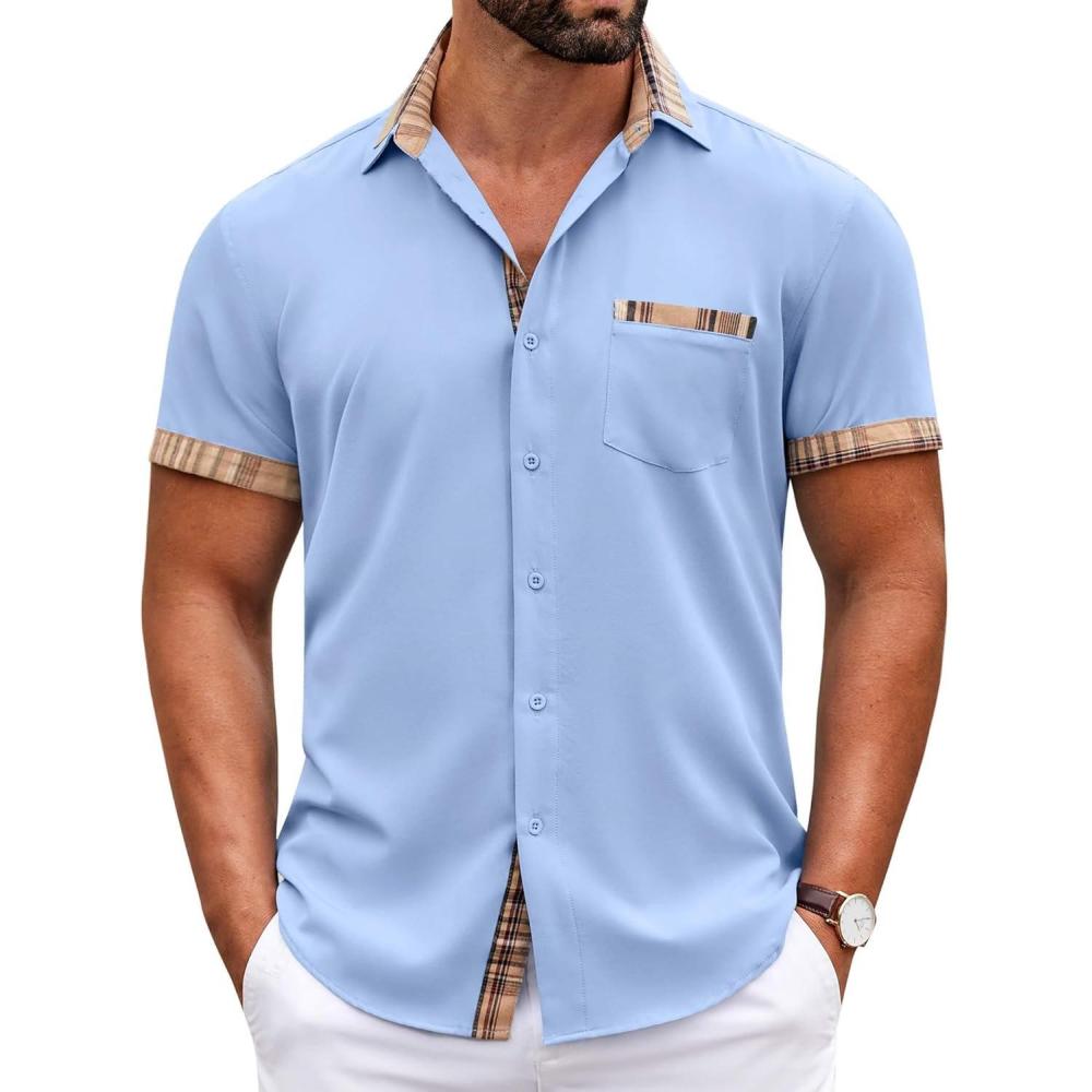 imageCOOFANDY Mens Short Sleeve Button Down Shirts Casual Wrinkle Free Dress Shirt Plaid Collar Summer ShirtsClear Blue