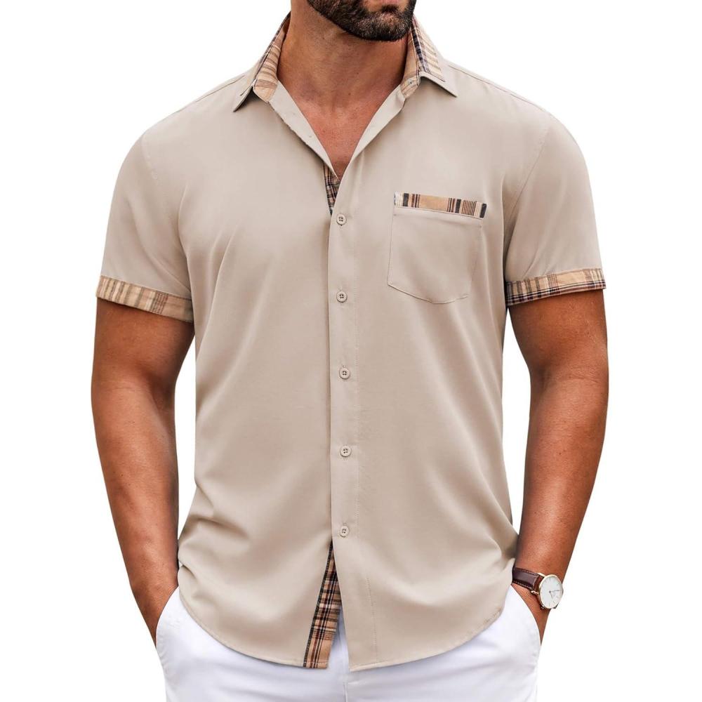 imageCOOFANDY Mens Short Sleeve Button Down Shirts Casual Wrinkle Free Dress Shirt Plaid Collar Summer ShirtsKhaki