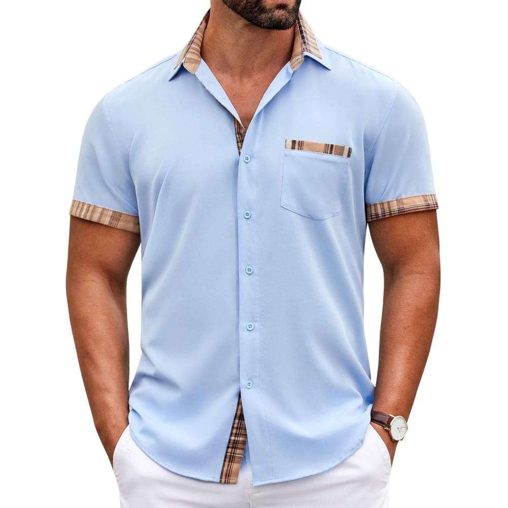 imageCOOFANDY Mens Short Sleeve Button Down Shirts Casual Wrinkle Free Dress Shirt Plaid Collar Summer ShirtsLight Blue