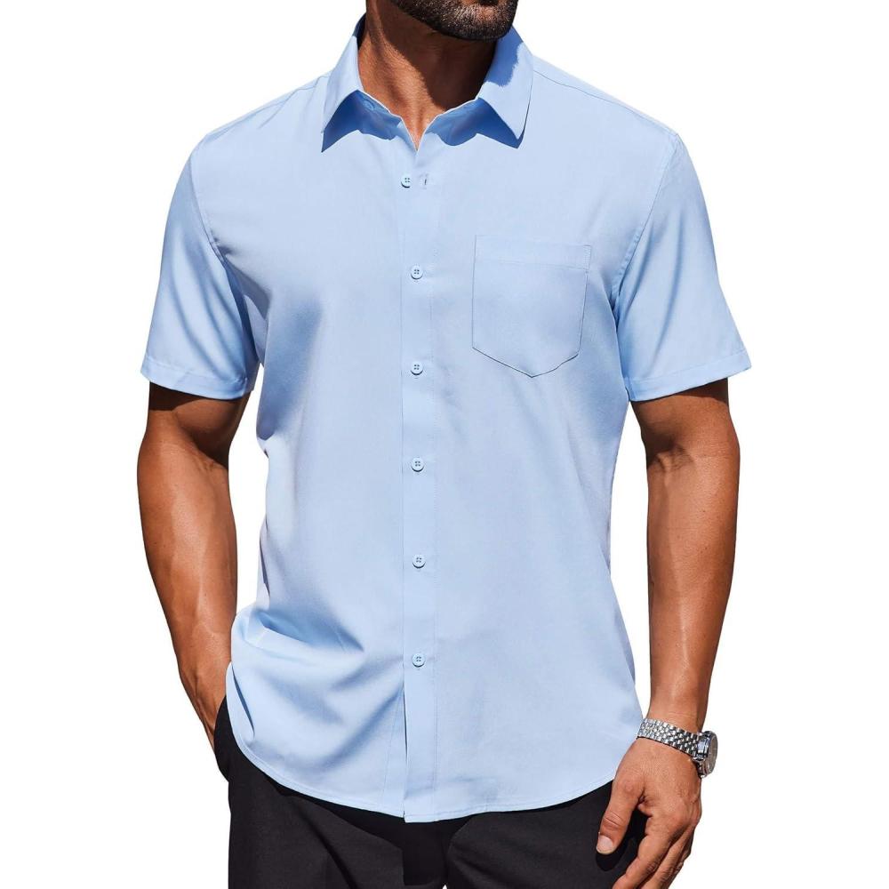 imageCOOFANDY Mens Short Sleeve Button Down Shirts Lightweight Stain Shield Business Casual Dress Shirt Wrinkle FreeBlue